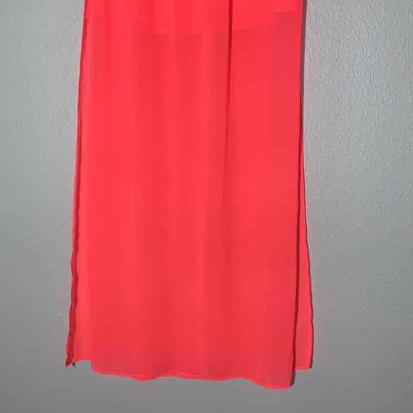 H&M Divided neon coral chiffon lined Maxi Skirt Sz 6/S semi-sheer high slit - Picture 3 of 9
